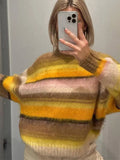 Cinessd Mohair Striped Elegant Sweater Women Oversize Long Sleeve Contrast Color O-neck Pullover Female Jumper 2024 Autumn Colorful Tops