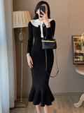 Cinessd Vintage Black Knitted Mermaid Dress Autumn Long Sleeve Elegant Party Dresses Woman French Fashion Lace-up Bodycon Midi Vestidos