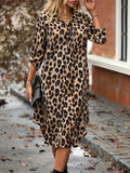 Cinessd New Elegant Women's Summer Leopard Shirt Dress Casual Loose Turn Down Collar Mid Calf Straight Long Dresses