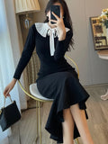 Cinessd Vintage Black Knitted Mermaid Dress Autumn Long Sleeve Elegant Party Dresses Woman French Fashion Lace-up Bodycon Midi Vestidos