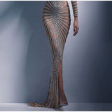 Cinessd - Mesh Sequins Split Fishtail V Neck Long Sleeve Maxi Dress