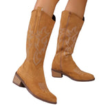 Cinessd Women Embroidery Knight Boots Women Retro Square Toe PU Leather Knee High Boots Female Autumn Winter Western Cowboy Botas Mujer