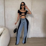 Cinessd Fashion Patchwork Jeans Women High Waist Wide Leg Pants Summer Autumn Casual Retro Pockets Hip-hop Denim Trouser 2024 Blue Black