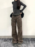 Cinessd Women Coffee Baggy Cargo Jeans Harajuku 90s Aesthetic Denim Trousers Y2k Vintage Japanese 2000s Style Jean Pants Trashy Clothes