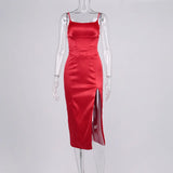 Summer Bodycon Satin red Birthday Party Dresses Sexy Spaghetti Strap Midi Dress Elegant With Slit Dresses For Women