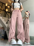 Cinessd Women Green Cargo Pants Vintage Y2k Harajuku Aesthetic Streetwear Lace-up Parachute Pants High Waist Wide Trousers 2000s Clothes