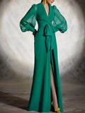 Cinessd Female Party Evening Maxi Dresses 2024 New Spring Puff Sleeves Lace-Up Split-Front V-Neck Green Elegant Prom Gown