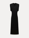 Cinessd Women's Sexy Black Split Shoulder Pads Bodycon Dress Female Sleeveless Zipper Slim Midi Dresses 2024 Elegant Female Party Robes