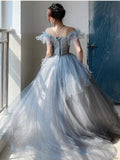 Cinessd 2025 Women Blue Tulle Layered Prom Dresses Slash Neck Flying Sleeve Quinceanera Dresses Female Long Evening Gowns