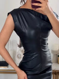 Cinessd  Christmas Gift Outfit Elegant Solid Off Shoulder Sleeveless Leather Dress Fashion Sloping Collar Backless Long Dresses New Female Evening Party Robes