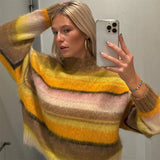 Cinessd Mohair Striped Elegant Sweater Women Oversize Long Sleeve Contrast Color O-neck Pullover Female Jumper 2024 Autumn Colorful Tops