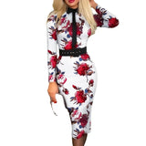 Cinessd Autumn Women Dress Long Vintage Print Elegant Suit Collar Belt Slim Fit Full Sleeve Maxi Dresses Female Skinny Party Vestidos