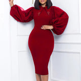 Cinessd  Christmas Gift Outfit Elegant Office Dresses for Woman Professional Turn Down Collar Beaded Full Sleeve Sheath Package Hips Mid Calf Formal Dress Midi