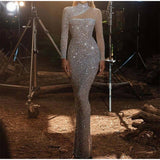 Cinessd - Sequins Glitter Solid Slim Half High Collar Long Sleeve Dress