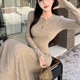 Cinessd Elegant Slim High Waist Knit Dresses Women Autumn Winter Long Sleeve Thick Warm Long Dress Ladies Vintage Streetwear Vestidos