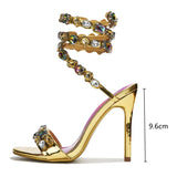 Cinessd Star style Luxury Crystal Embellished Wraparound Women Sandals Stiletto High heels Gladiator Sandals Summer Wedding Prom Shoes