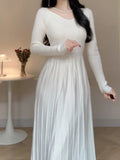 Cinessd Elegant Casual Pleated Knitted Dress for Women Korean Autumn Slim A Line Sweater Dresses Long Sleeve One Piece Female Clothes