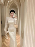 Cinessd Vintage Sexy Lace Bodycon White Long Dresses for Women 2024 Autumn New Elegant Evening Party Prom Long Sleeve Female Clothing