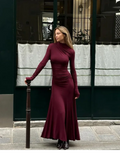 Cinessd Christmas outfit 2024 Solid Elegant Women's Mock Neck Bodycon Dress Fashion Long Sleeves Pleated Hem Maxi Robe Female Autumn Chic Party Dresses