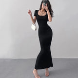 2024 Summer Solid Color Slim Long Dress Women Short Sleeve Skinny Bodycon Maxi Dresses Woman Square Collar Party Vestidos Mujer