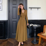 Cinessd Christmas Gfit Outfit Women's Elegant Pleated Knitted Dress with Ribbon Autumn Long Sleeve V-Neck Slim Party Vestidos Korean Female Evening Dresses