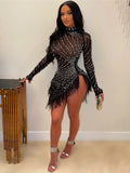 Cinessd Christmas outfit  Sexy Pearls Rhinestone Party Dresses Women Elegant Nightclub Feather Birthday Dress Long Sleeve Mesh Sheer Bodycon Dress