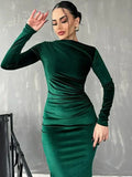 Cinessd Christmas Outfit 2024 Autumn Elegant O-neck Folds Mid-calf Velvet Dresses for Women Long Sleeve Tunics High Waist Bodycon Evening Party Dress