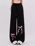 Cinessd Women's Black Gothic Sweatpants Y2k 2000s Oversize Bow Print Baggy Trousers Harajuku Wide Leg Pants Jogger 90s Aesthetic Clothes