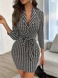 Spring V-neck Sexy Mini Dress Plaid Long-sleeved Lapel Elegant Party Dresses For Women Vintage Casual Slim Houndstooth Vestidos