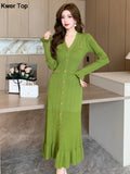 Cinessd Christmas Gift Outfit Fashion Green Single Breasted Women Knitted Dress Chic Flared Sleeve Ruffles Hem Long Dresses 2024 Female Office Elegant Robes