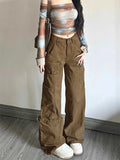 Cinessd Women's Brown Y2k Cargo Jeans Harajuku Denim Trousers 90s Aesthetic Y2k Jean Pants Vintage Japanese 2000s Style Trashy Clothes