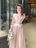 Cinessd Christmas Gift Outfit  French Pink Vintage Dress Woman Princess Fake Two Pieces Dress Female Casual Lace Long Sleeve Elegant Party Midi Dresses 2024