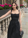 Cinessd Summer Black Spaghetti Strap Holiday Party Dresses Elegant Midi Button Lace Up Dress Casual Women New In Dress 2024