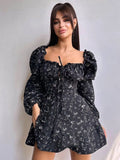 Cinessd  Long Puff Sleeve Floral Dress Wmen Autumn Winter Square Collar Backless Dress Female Fashion Elegant Dresses New