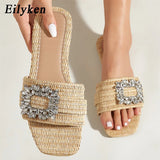 Cinessd Eilyken Summer Glitter Rhinestone Women Slippers Bright Diamond Flat Bottom Cane Crystal Sandals Beach Slides Shoes Zapatos muje