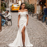 Cinessd Elegant Off The Shoulder Satin Sheath/Mermaid Wedding Dresses Side Slit Detachable Train Formal Bridal Grown 2025 Rode De