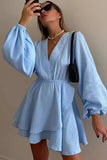 Cinessd V-Neck High Waist Long Sleeve Irregular Mini Dress