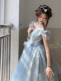 Cinessd 2025 Women Blue Tulle Layered Prom Dresses Slash Neck Flying Sleeve Quinceanera Dresses Female Long Evening Gowns