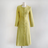 Cinessd Elegant Chic Autumn Winter Yellow Tweed Long Dress High Quality Women Round Collar Fours Pockets Woolen Slim Office Maxi Vestido