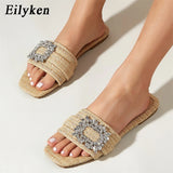 Cinessd Eilyken Summer Glitter Rhinestone Women Slippers Bright Diamond Flat Bottom Cane Crystal Sandals Beach Slides Shoes Zapatos muje