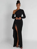 Cinessd Oblique Shoulder Thigh High Split Maxi Dress Women Long Sleeve Backless Bodycon Sexy Club Party Long Dress Vestidos