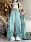 Cinessd Women Green Cargo Pants Vintage Y2k Harajuku Aesthetic Streetwear Lace-up Parachute Pants High Waist Wide Trousers 2000s Clothes