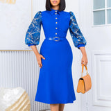 Cinessd Elegant Office Dresses For Women Turn Down Collar Single Breasted Three Quarter Sleeve Belt Waisted Mermaid Dress Midi Clothes