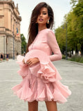 Cinessd Sexy O Neck Flare Sleeve Ruffles Mini Dress Women Pink White Long Sleeves Single Breasted Dresses Elegant Evening Party Gowns