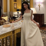 Cinessd Sexy A line Square Neckline White Satin Prom Dresses Birthday Outfits Evening Gown SD1003