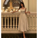 Cinessd Sexy A line Square Neckline White Satin Prom Dresses Birthday Outfits Evening Gown SD1003