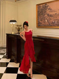 Cinessd Classy High Low Spaghetti Straps Red Long Prom Dresses Birthday Outfits Evening Gown SD1004