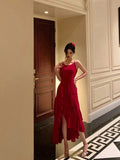 Cinessd Classy High Low Spaghetti Straps Red Long Prom Dresses Birthday Outfits Evening Gown SD1004