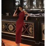 Cinessd Sexy Sheath Jewel Neckline Red Long Prom Dresses Birthday Outfits Evening Gown SD1012