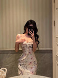 Cinessd Sexy French Sheath Square Neckline Floral Pink Prom Dresses Birthday Outfits Evening Gown SD1054